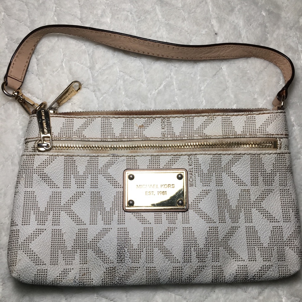 Michael Kors Beige Logo Wristlet with Gold Hardware